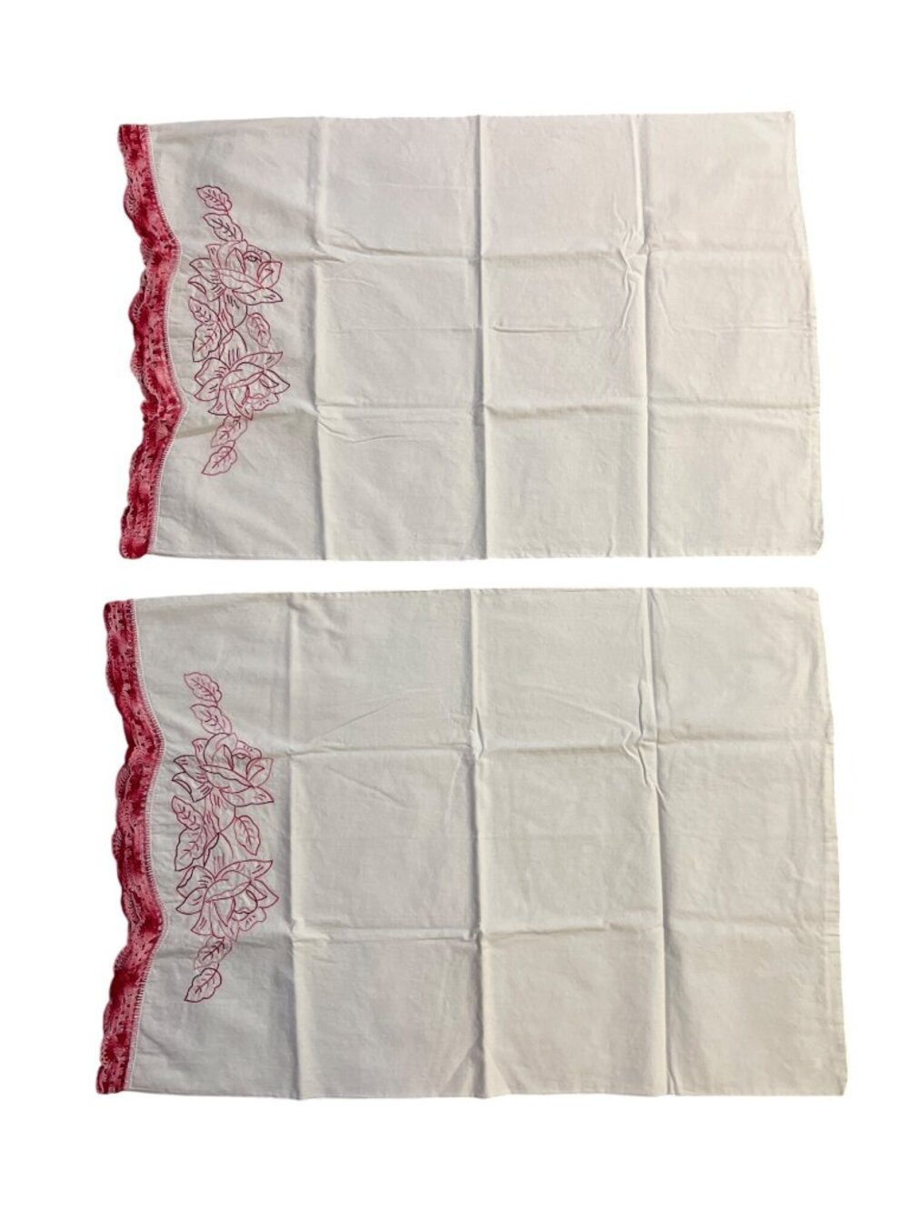 Vintage Pillowcases Set 2 Pink Floral Embroidery Lace Trim Cotton Used